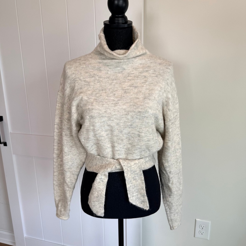 Wilfred Aritzia Alpaca Wool Tie Waist Mock Neck Sweater Gray XS Quiet Luxury